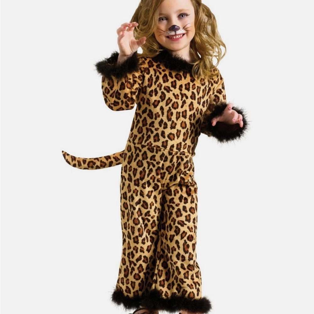 Pretty Leopard Ultrasuede Print Kids Costume with Black Fur Trim, 3T-4T